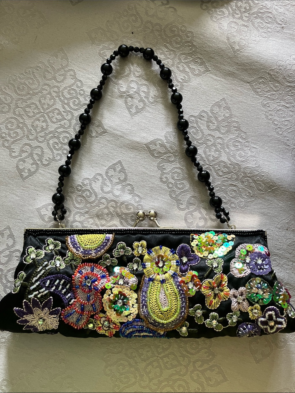 Embellished Black Floral Sequin Evening Clutch